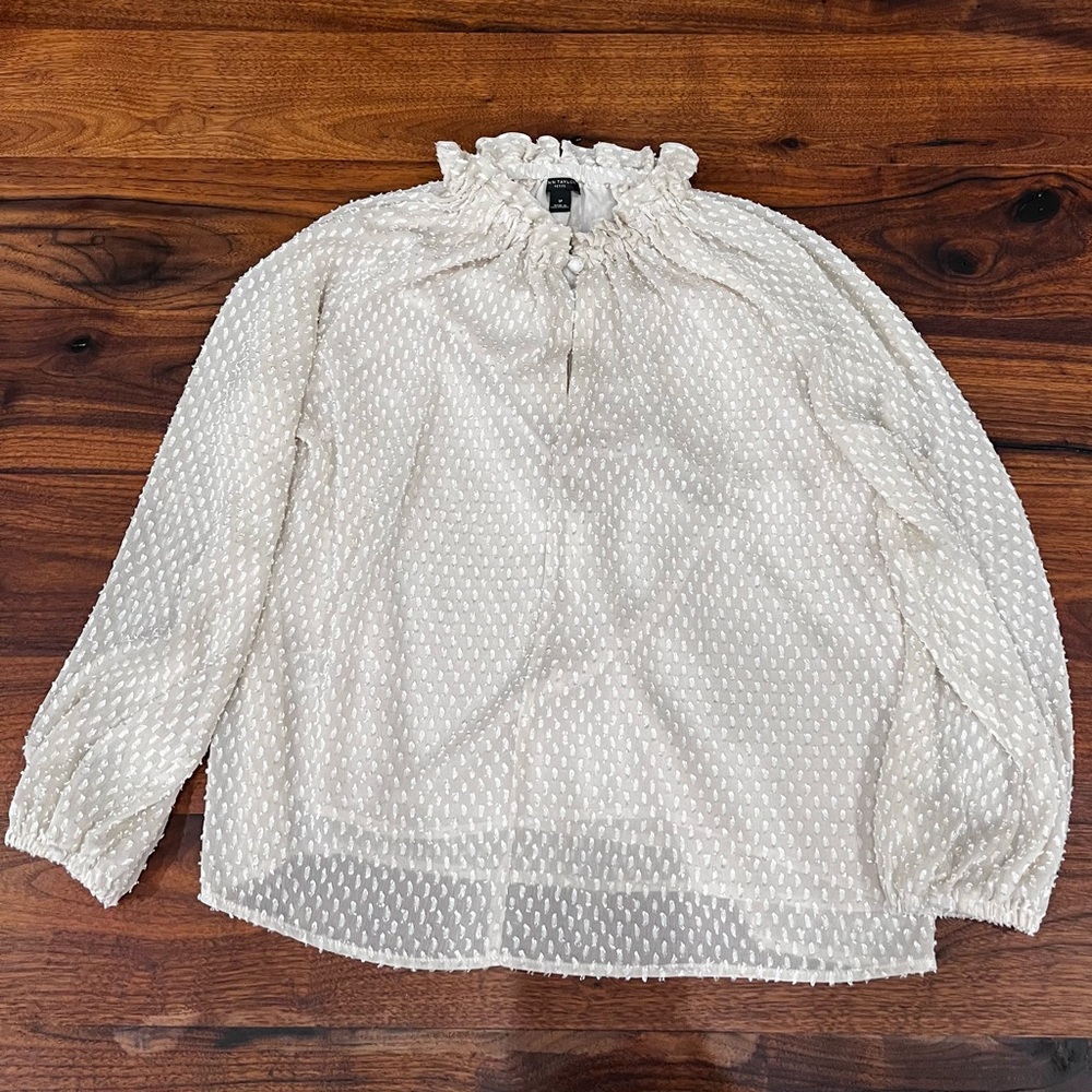 Ann Taylor Cream Textured Ruffle Neck Blouse